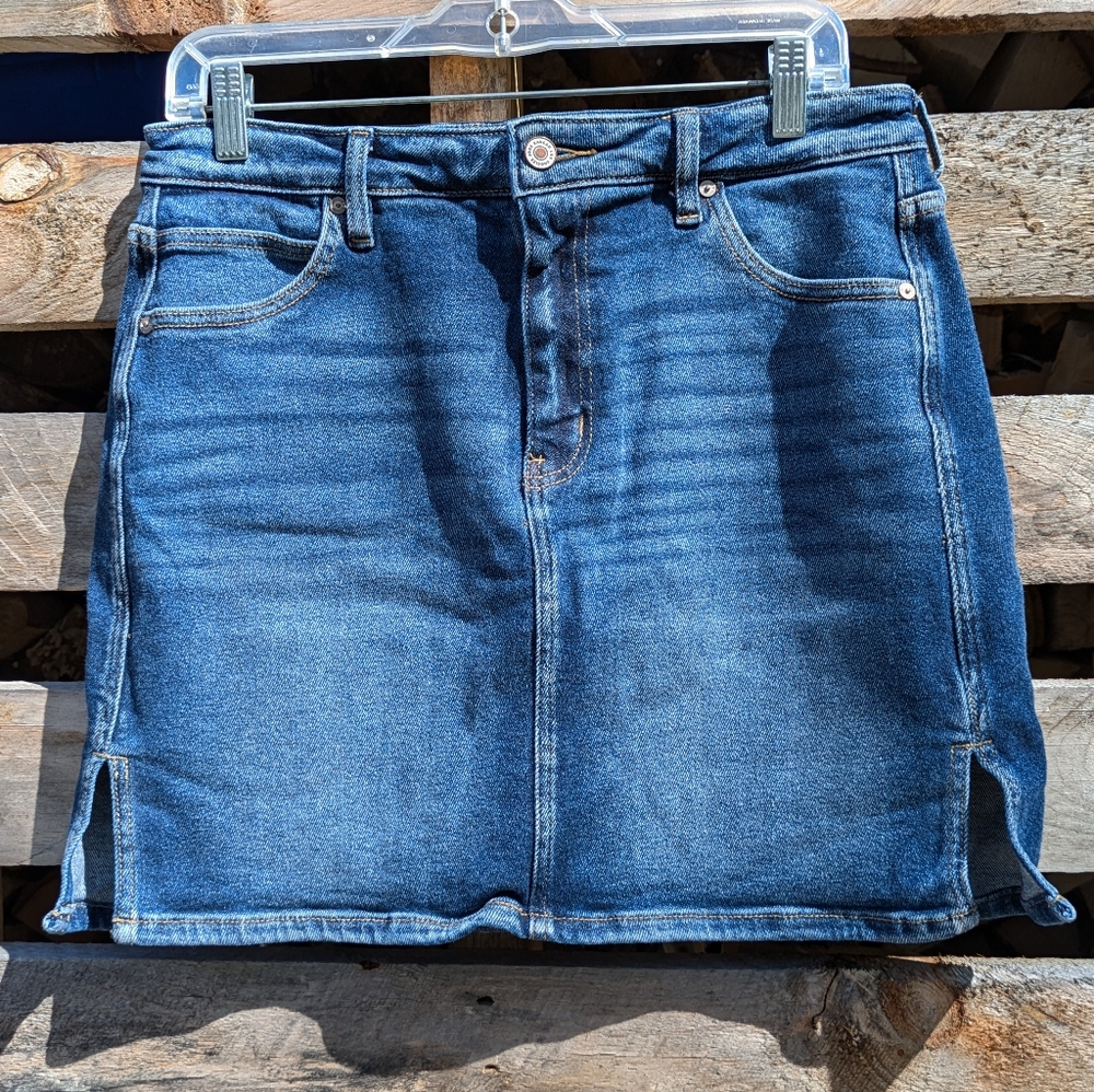 KanCan For Maurice Blue Denim Jean Mini Skirt 5 Pocket Wiskering Side Slit Sz 29
